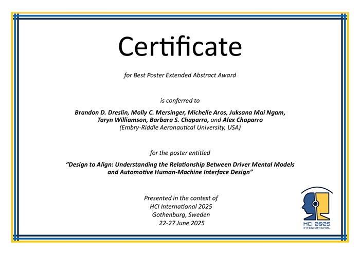 Certificate for Best Poster Extended Abstract Award. Details in text following the image. Certificate for Best Poster Extended Abstract Award. Details in text following the image